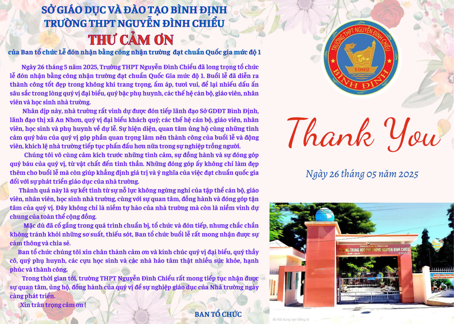 Thư cảm ơn của Ban tổ chức Lễ