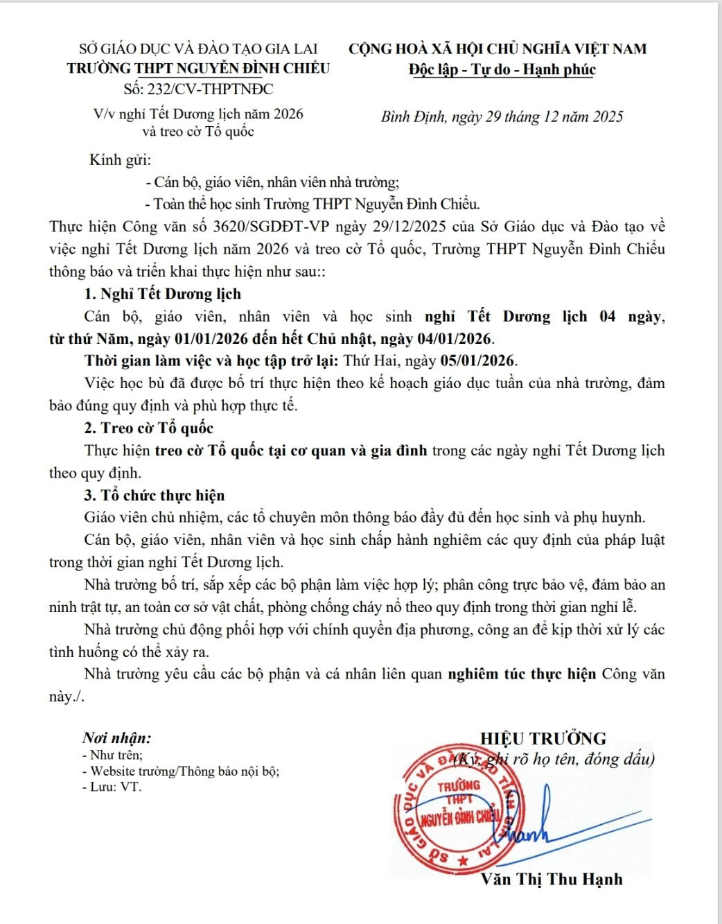Thông báo lịch nghỉ Tết Dương lịch năm 2026 Trường THPT Nguyễn Đình Chiểu, Gia Lai.